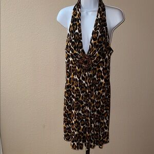 Trina Turk 100% Silk Jersey Cheetah Print Halter Mini Flare Dress Women’s Sz 8